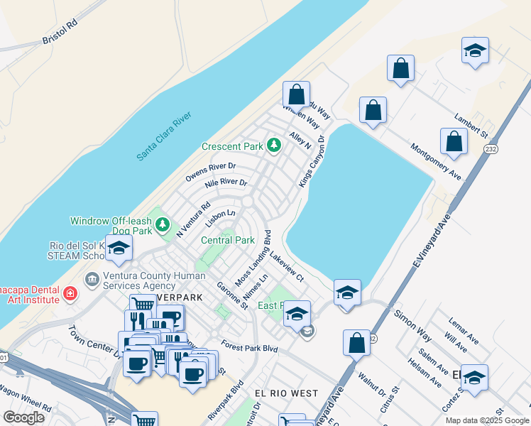 map of restaurants, bars, coffee shops, grocery stores, and more near 3360 North Oxnard Boulevard in Oxnard