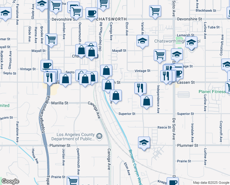 map of restaurants, bars, coffee shops, grocery stores, and more near 9833 Deering Avenue in Los Angeles