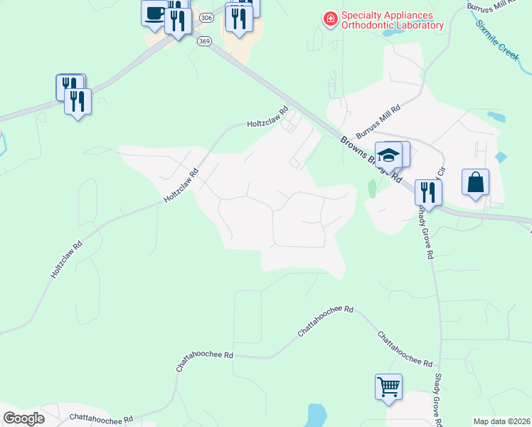 map of restaurants, bars, coffee shops, grocery stores, and more near 3915 High Gables West in Cumming