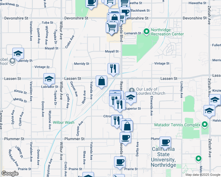map of restaurants, bars, coffee shops, grocery stores, and more near 18519 Labrador Street in Los Angeles