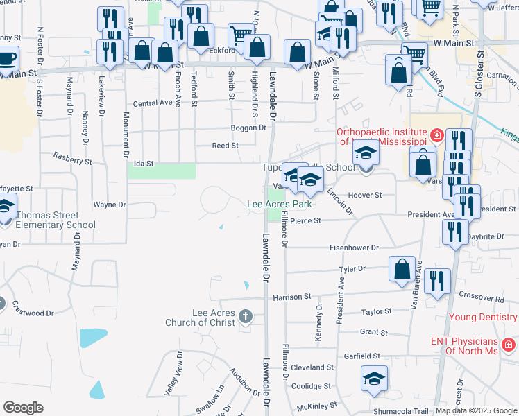 map of restaurants, bars, coffee shops, grocery stores, and more near 1002 Lawndale Drive in Tupelo