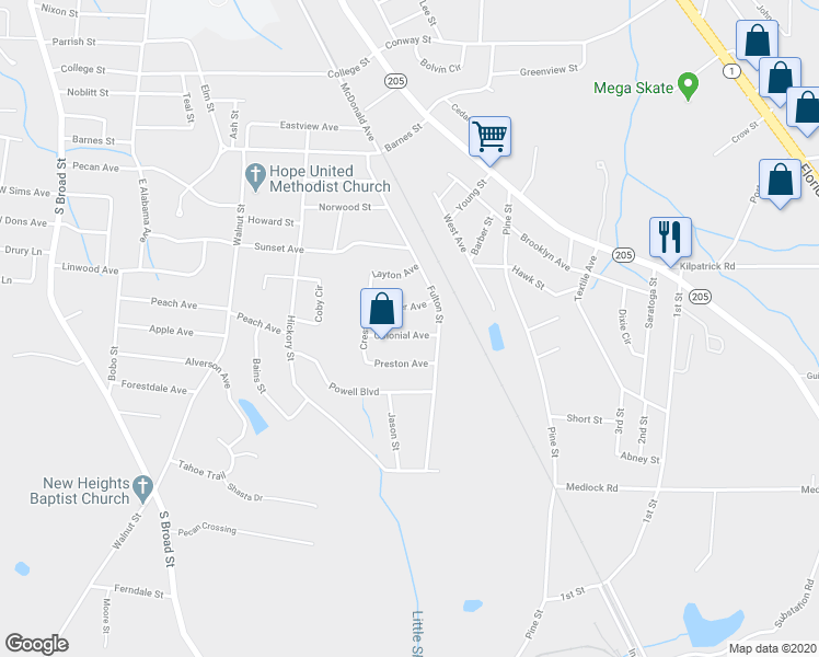 map of restaurants, bars, coffee shops, grocery stores, and more near 616 Colonial Avenue in Albertville