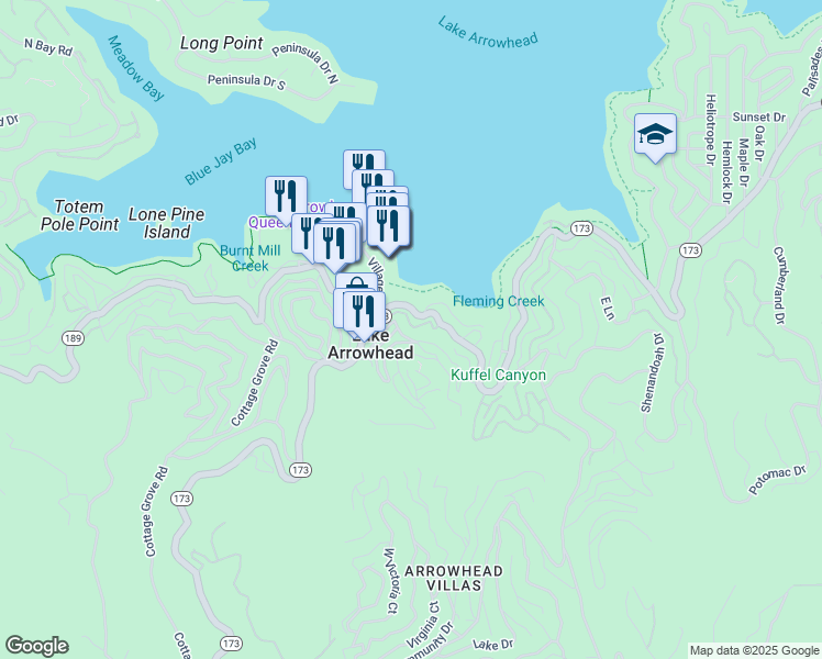 map of restaurants, bars, coffee shops, grocery stores, and more near 238 Blue Bell Drive West in Lake Arrowhead