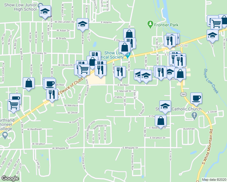 map of restaurants, bars, coffee shops, grocery stores, and more near 401 East Mills in Show Low