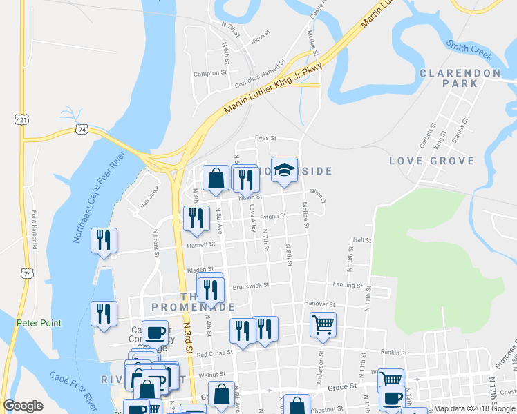 map of restaurants, bars, coffee shops, grocery stores, and more near 1107 North 7th Street in Wilmington