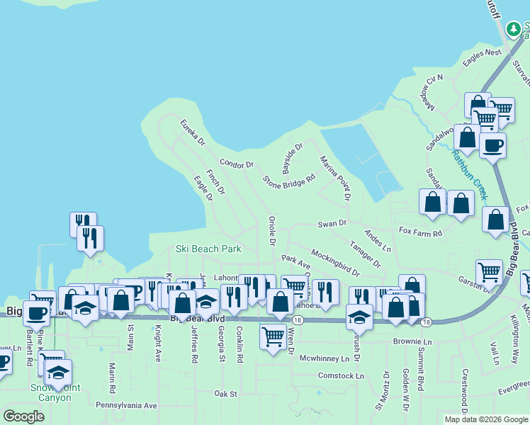 map of restaurants, bars, coffee shops, grocery stores, and more near 204 Oriole Drive in Big Bear Lake