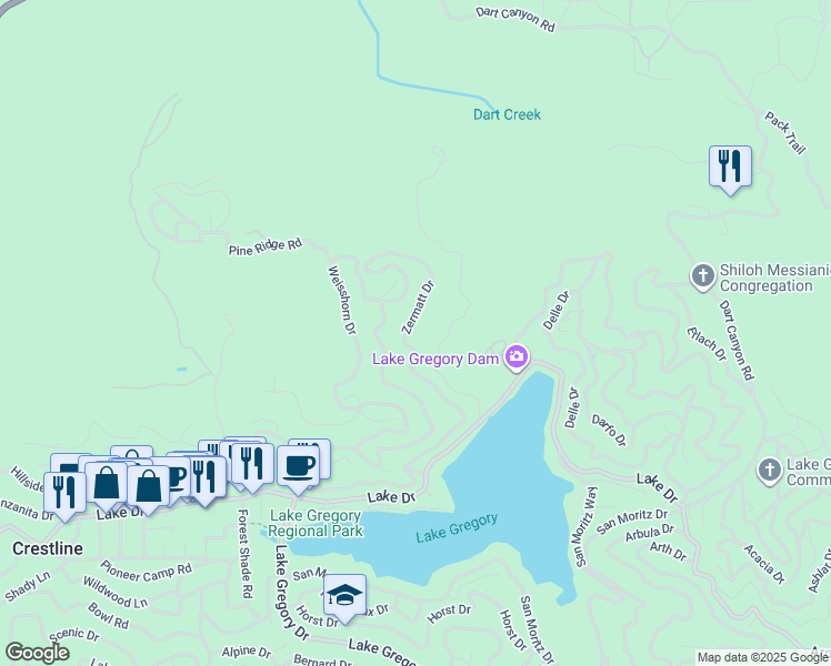 map of restaurants, bars, coffee shops, grocery stores, and more near 237 Zermatt Drive in Crestline