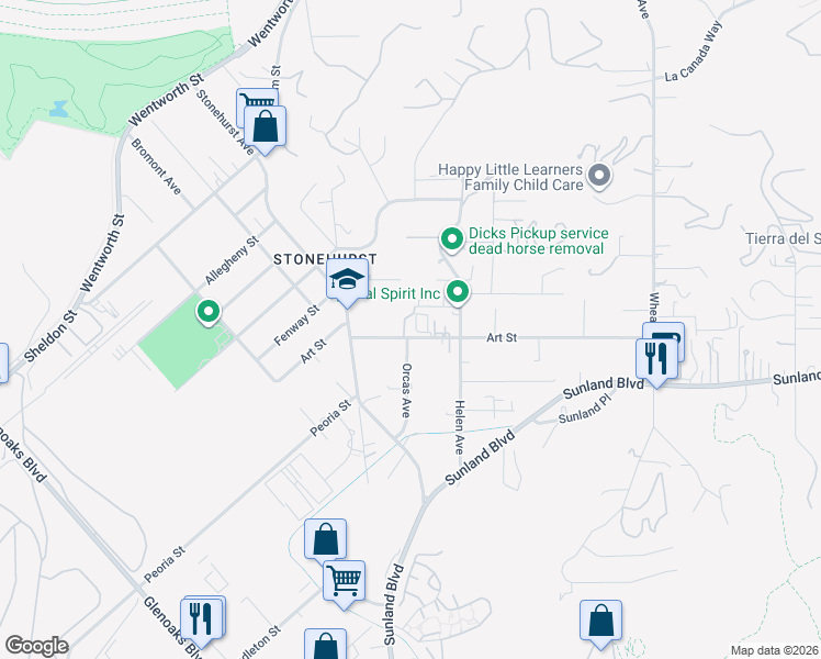 map of restaurants, bars, coffee shops, grocery stores, and more near 10857 Art Street in Los Angeles