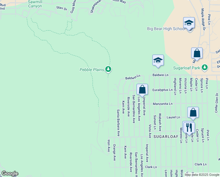 map of restaurants, bars, coffee shops, grocery stores, and more near 187 Dixie Lee Lane in Big Bear