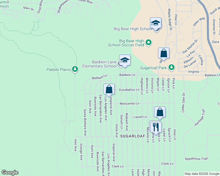 map of restaurants, bars, coffee shops, grocery stores, and more near 188 Imperial Avenue in Big Bear