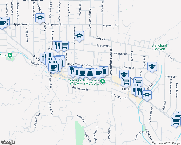 map of restaurants, bars, coffee shops, grocery stores, and more near 10041 Tujunga Canyon Boulevard in Los Angeles