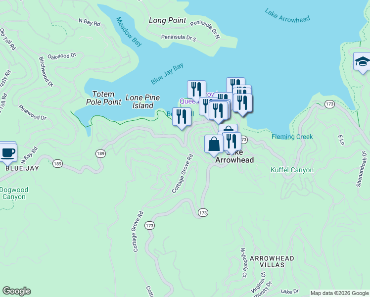 map of restaurants, bars, coffee shops, grocery stores, and more near 27910 Lakes Edge Road in Lake Arrowhead
