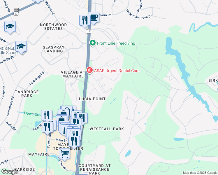 map of restaurants, bars, coffee shops, grocery stores, and more near 527 Old Maccumber Station Road in Wilmington