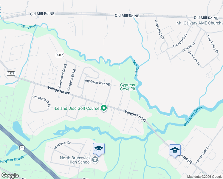 map of restaurants, bars, coffee shops, grocery stores, and more near 876 Appleton Way NE in Leland