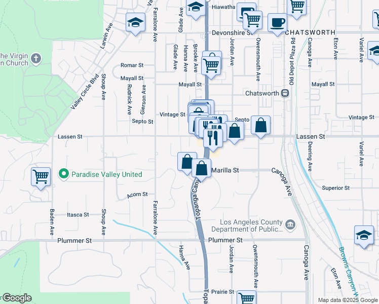 map of restaurants, bars, coffee shops, grocery stores, and more near 22041 Kinzie Street in Los Angeles