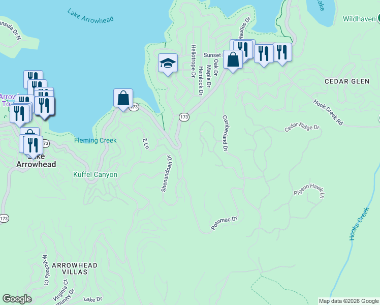 map of restaurants, bars, coffee shops, grocery stores, and more near 226 Hidden Forest Road in Lake Arrowhead