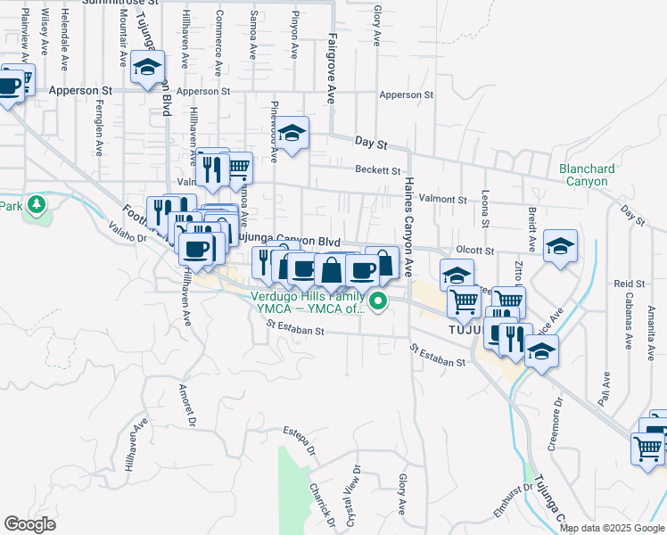 map of restaurants, bars, coffee shops, grocery stores, and more near 10041 Tujunga Canyon Boulevard in Los Angeles