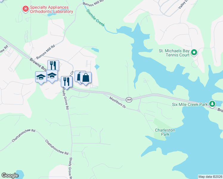 map of restaurants, bars, coffee shops, grocery stores, and more near 5325 Browns Bridge Road in Cumming
