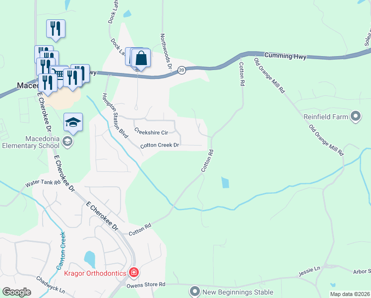 map of restaurants, bars, coffee shops, grocery stores, and more near 828 Cotton Creek Drive in Canton