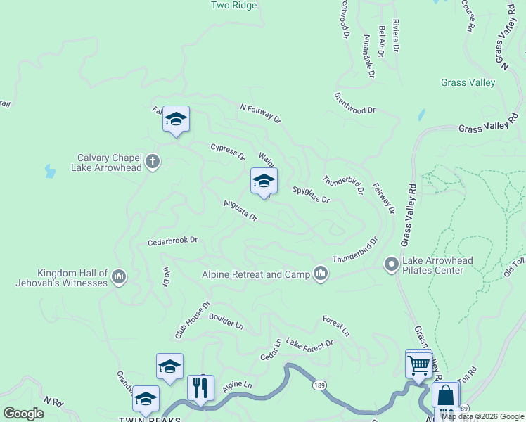 map of restaurants, bars, coffee shops, grocery stores, and more near 26349 Walnut Hills Drive in Lake Arrowhead