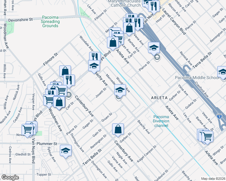 map of restaurants, bars, coffee shops, grocery stores, and more near 9806 Beachy Avenue in Los Angeles