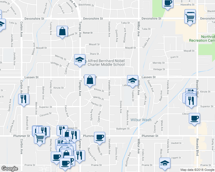 map of restaurants, bars, coffee shops, grocery stores, and more near 9819 Vanalden Avenue in Los Angeles