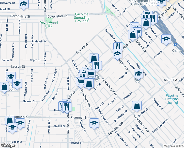 map of restaurants, bars, coffee shops, grocery stores, and more near 14333 Van Nuys Boulevard in Los Angeles