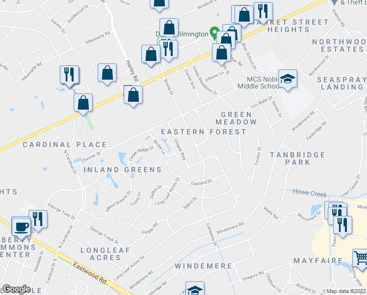 map of restaurants, bars, coffee shops, grocery stores, and more near 232 Chapel Way in Wilmington