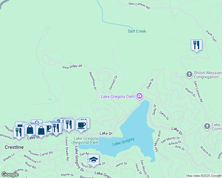 map of restaurants, bars, coffee shops, grocery stores, and more near 237 Zermatt Drive in Crestline