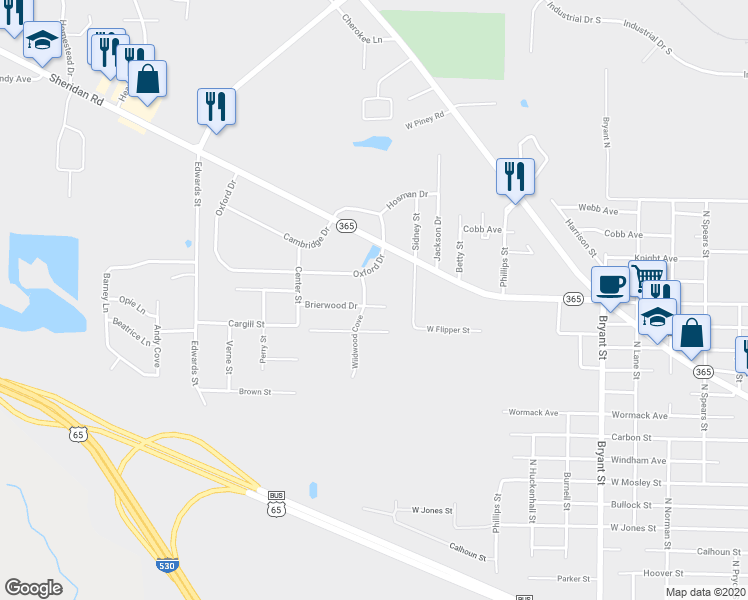 map of restaurants, bars, coffee shops, grocery stores, and more near 6809 Brierwood Drive in Pine Bluff