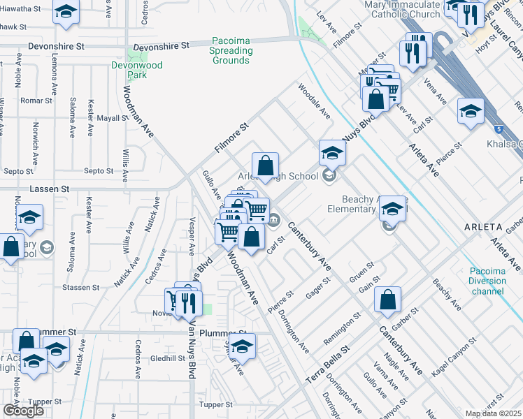 map of restaurants, bars, coffee shops, grocery stores, and more near 14333 Van Nuys Boulevard in Los Angeles