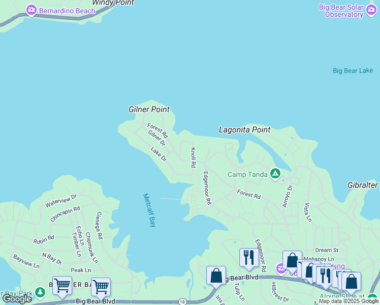map of restaurants, bars, coffee shops, grocery stores, and more near 214 Knoll Road in Big Bear Lake
