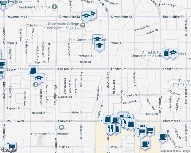 map of restaurants, bars, coffee shops, grocery stores, and more near 19820 Labrador Street in Los Angeles