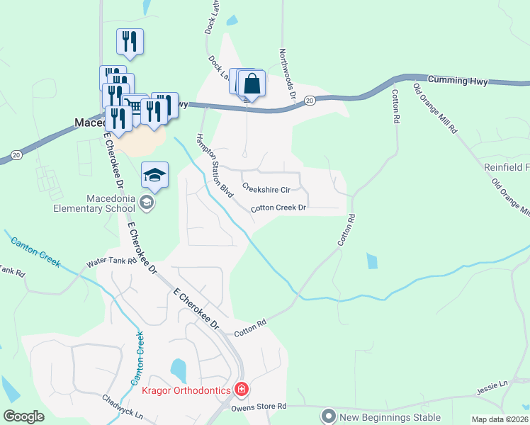 map of restaurants, bars, coffee shops, grocery stores, and more near 804 Cotton Creek Drive in Canton