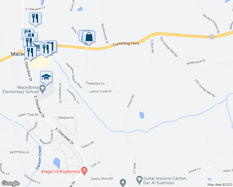 map of restaurants, bars, coffee shops, grocery stores, and more near 828 Cotton Creek Drive in Canton