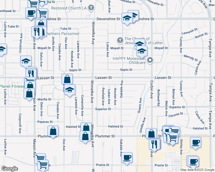map of restaurants, bars, coffee shops, grocery stores, and more near 9841 Lubao Avenue in Los Angeles