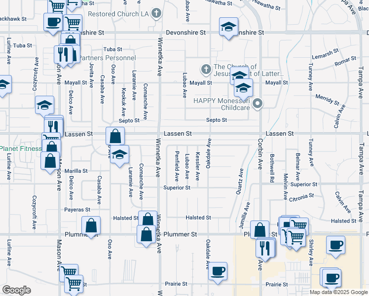 map of restaurants, bars, coffee shops, grocery stores, and more near 9841 Lubao Avenue in Los Angeles