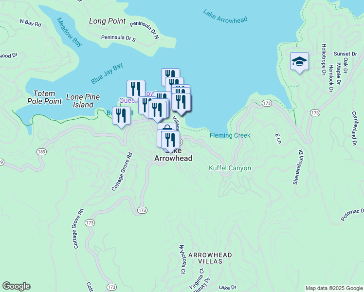 map of restaurants, bars, coffee shops, grocery stores, and more near 254 Mittry Drive in Lake Arrowhead