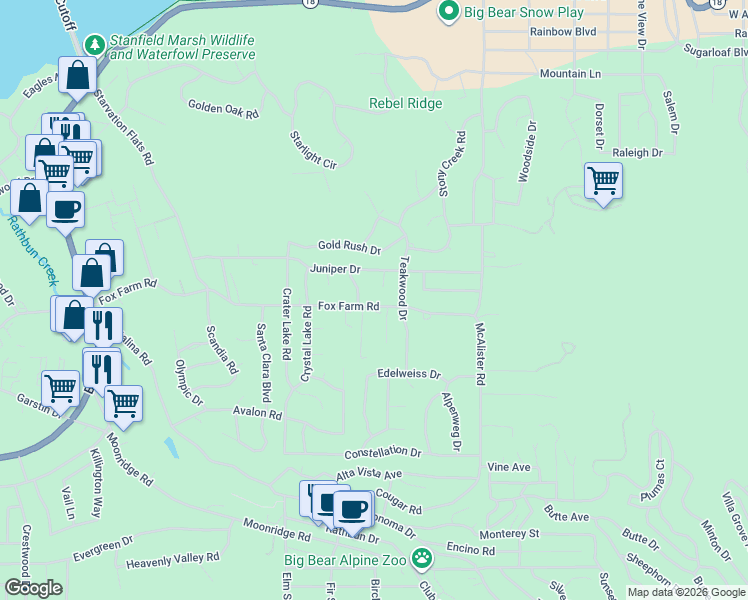 map of restaurants, bars, coffee shops, grocery stores, and more near 42698 Fox Farm Road in Big Bear Lake