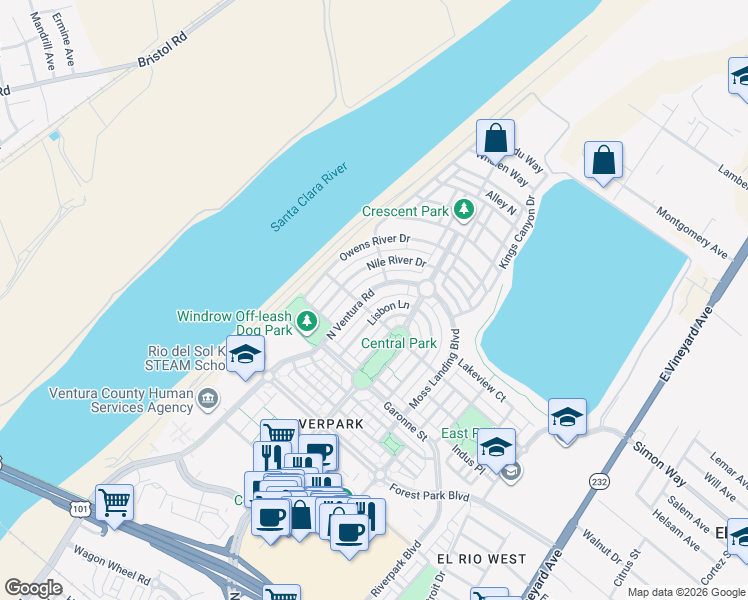 map of restaurants, bars, coffee shops, grocery stores, and more near 3214 North Ventura Road in Oxnard