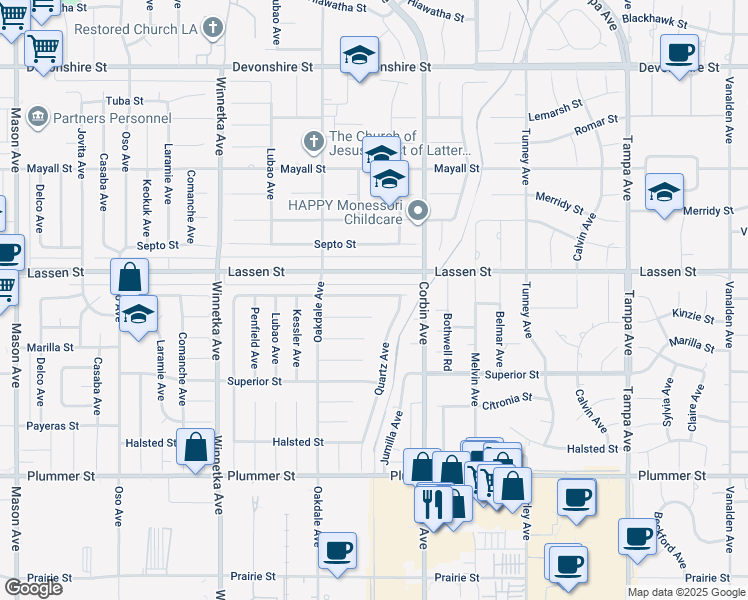 map of restaurants, bars, coffee shops, grocery stores, and more near 19820 Labrador Street in Los Angeles