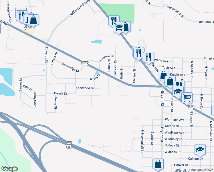 map of restaurants, bars, coffee shops, grocery stores, and more near 6328 Sheridan Road in Pine Bluff