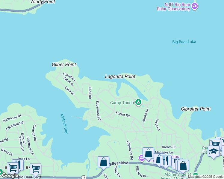 map of restaurants, bars, coffee shops, grocery stores, and more near 39802 Lakeview Drive in Big Bear Lake