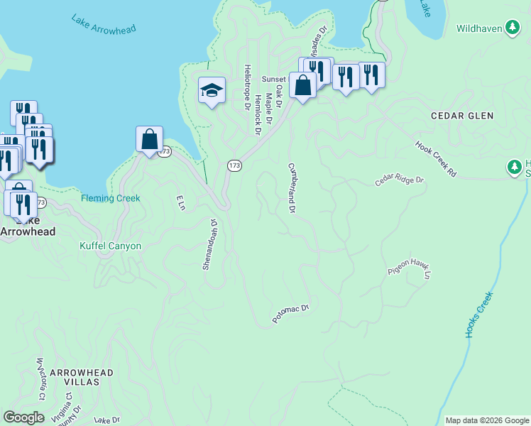 map of restaurants, bars, coffee shops, grocery stores, and more near 226 Hidden Forest Road in Lake Arrowhead