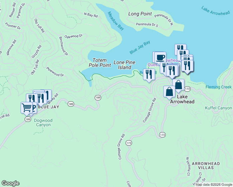map of restaurants, bars, coffee shops, grocery stores, and more near 248 Woodland Circle in Lake Arrowhead