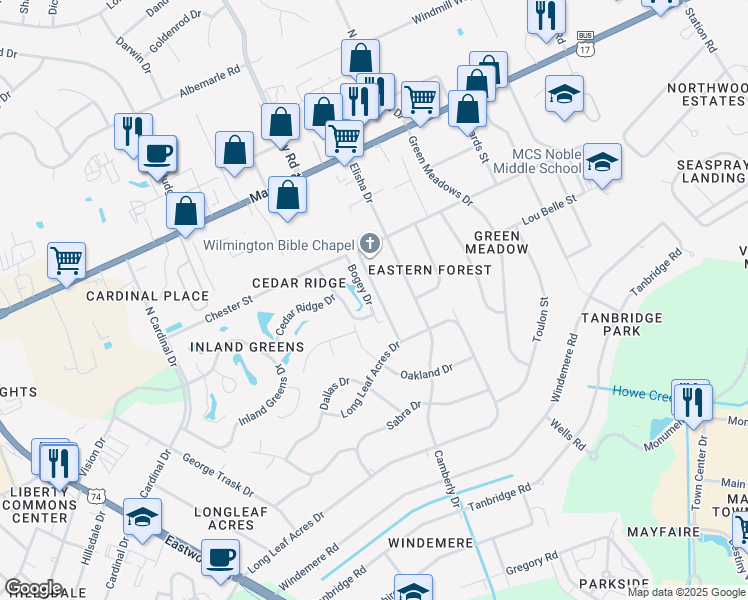 map of restaurants, bars, coffee shops, grocery stores, and more near 200-226 Bogey Dr in Wilmington