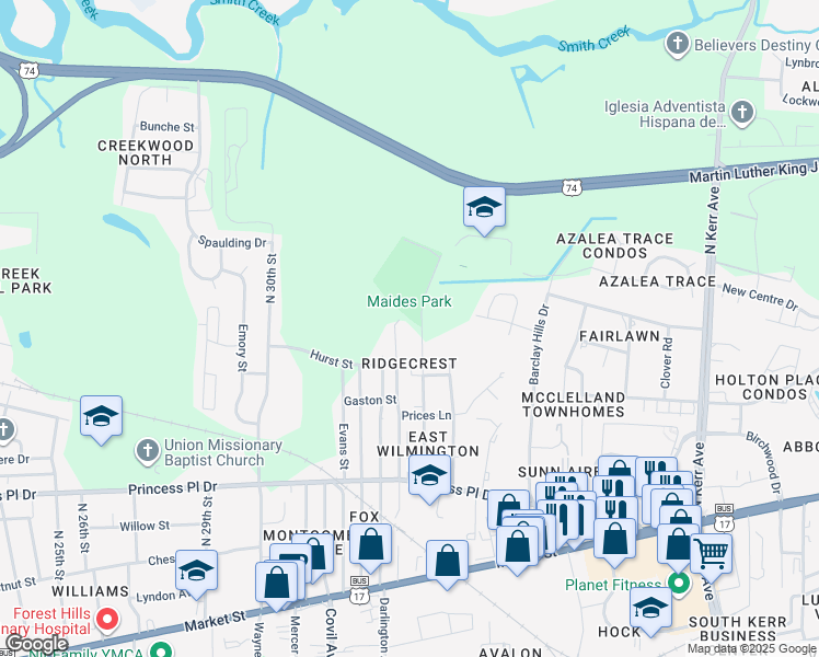 map of restaurants, bars, coffee shops, grocery stores, and more near 597 Manly Ave in Wilmington