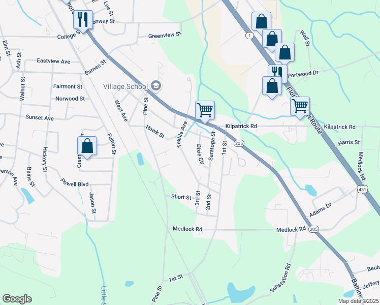 map of restaurants, bars, coffee shops, grocery stores, and more near 124 Textile Avenue in Albertville