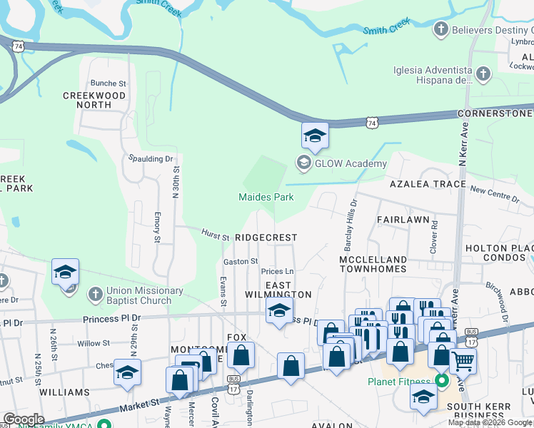 map of restaurants, bars, coffee shops, grocery stores, and more near 597 Manly Ave in Wilmington