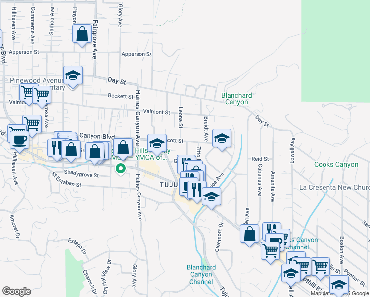 map of restaurants, bars, coffee shops, grocery stores, and more near 9941 Provo Avenue in Los Angeles